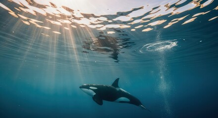 Majestic orca descends into sunlit depths, captivating underwater ocean beauty and aquatic wonder