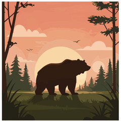 Vector Illustration of Bear Silhouette in Nature Scene in Modern Minimalist Style with Sunset Colors