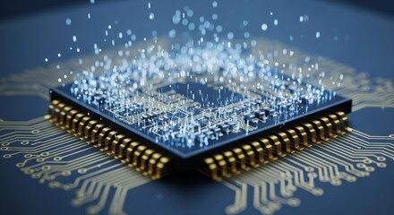 Detailed view of a modern computer processor with intricate circuit patterns and shimmering