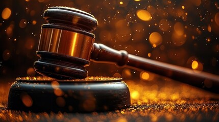 Close-up of a wooden judge gavel with warm golden bokeh lights creating a dramatic and solemn atmosphere