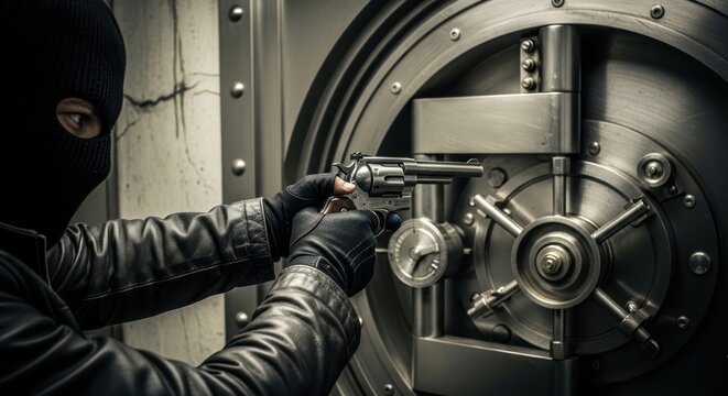 Tension mounts as a masked figure aims a revolver at a formidable bank vault door securing untold
