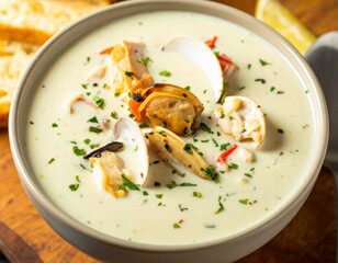 Creamy Clam Chowder Soup with Parsley in Bowl, Close-Up View