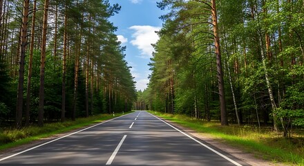 Empty asphalt road running through a dense green pine forest on a sunny day.