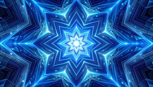 Vibrant Blue Kaleidoscope Star Pattern Abstract Background Glowing Light Energy Design. - Powered by Adobe
