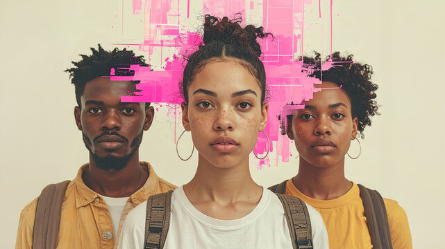 Young, diverse students with backpacks stand against a neutral background. A vibrant splash of digital art overlays their heads, symbolizing creativity, technology, and modern education.