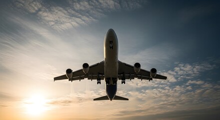 An airplane flying in the sky during sunset with clouds aircraft flight