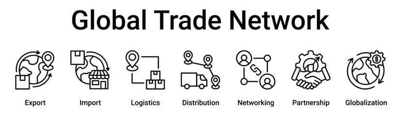 Global Trade Network banner web icon vector illustration concept for business with icon of Export, Import, Logistics, Distribution, Networking, Partnership.