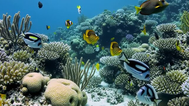 Vibrant Coral Reef teeming with Butterflyfish and other marine life underwater.