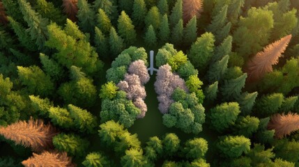 Lungs Formed by Green Trees Surrounded by Nature Representing Health and Environmental Awareness in Aerial View