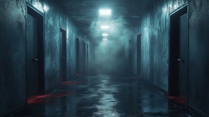 Fototapeta premium Dark and foggy hallway with multiple closed doors and eerie red light reflections on wet floor under bright ceiling lights