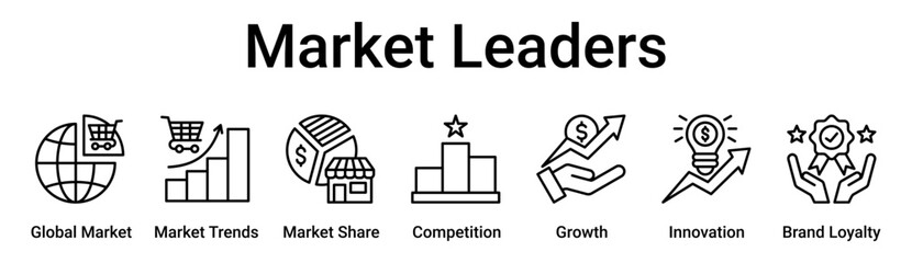 Market Leaders banner web icon vector illustration concept for business with icon of Global Market, Market Trends, Market Share, Competition, Growth, Innovation, Brand.