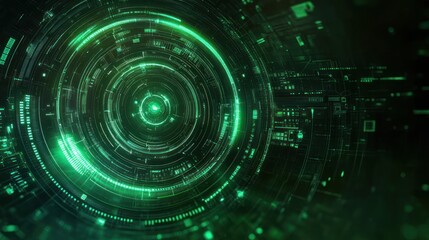 Futuristic glowing green circular digital interface with intricate geometric patterns and data elements in dark background