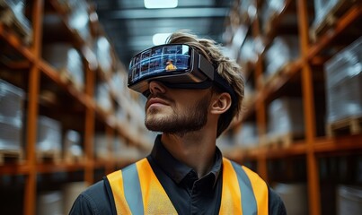 Young man wearing a virtual reality headset and safety vest inside a large warehouse with tall shelving units filled with boxes