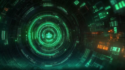 Glowing futuristic green and orange digital interface with circular layered data visualization and complex holographic elements conveying advanced technology