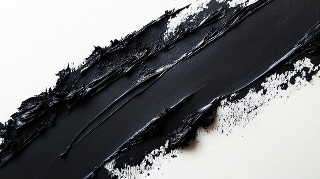 Close-up of thick black paint textured brush strokes on a white surface creating a dramatic contrast and rich tactile effect