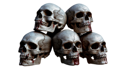 Grisly pile of five blood-stained human skulls creating a haunting and macabre visual for horror themes or dark artistic projects