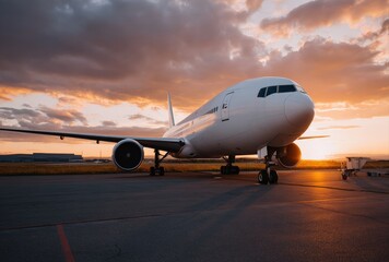 Obraz premium White passenger airplane standing on the airport runway at sunset, beautiful clouds and orange sky in background
