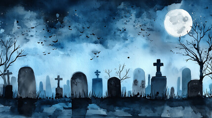 A graveyard with a full moon in the background
