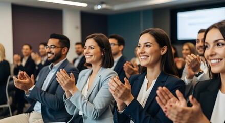 Diverse group of professionals applauding in a modern conference room setting smiling faces