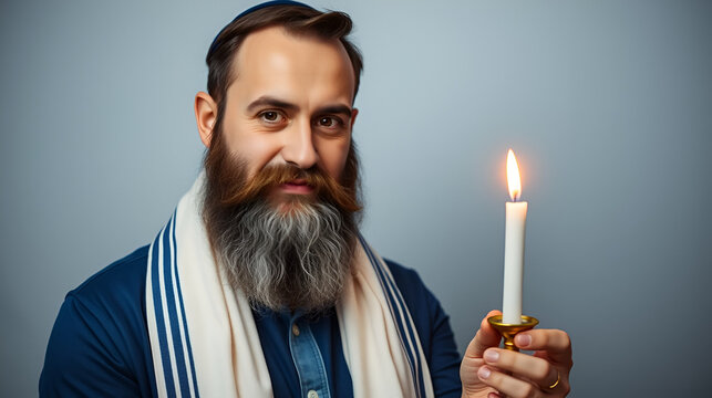 Jewish Bearded Man holding Havdala Candle on his hand