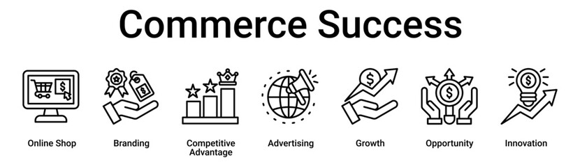 Commerce Success banner web icon vector illustration concept for business with icon of Online Shop, Branding, Competitive Advantage, Advertising, Growth, Opportunity.