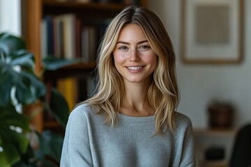 Smiling young woman with long blonde hair wearing a grey sweater standing indoors with blurred bookshelf and plants in background