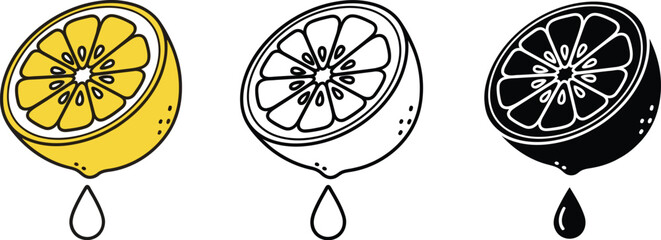 Juicy lemon halves with drops of juice, rendered in color, outline, and silhouette