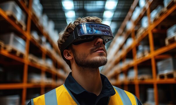 Young man wearing augmented reality glasses and a high-visibility vest looking upwards in a large warehouse with tall shelves filled with stacked pallets