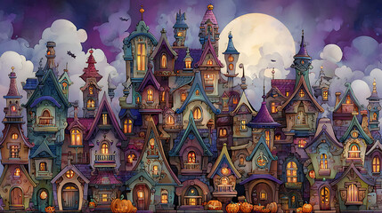 A colorful cityscape with houses lit up at night