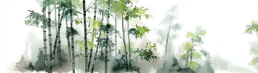 A serene watercolor depiction of bamboo stalks, showcasing lush green foliage against a soft, misty background.