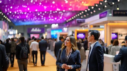 Busy trade show floor, professionals networking - Powered by Adobe