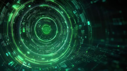 Glowing futuristic green digital circular interface with complex data patterns and technological elements in dark background