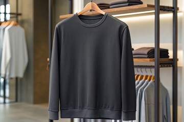 Dark gray crewneck sweatshirt hanging in a retail store display