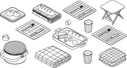 Charming isometric illustration of a picnic spread with food and accessories on a checkered blanket
