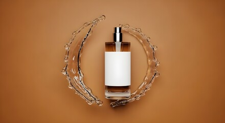 Minimalist luxury perfume bottle isolated on a solid, warm amber background. The bottle is a simple, clean glass cylinder with a stark white label. A perfectly shaped, cohesive splash of clear liquid 