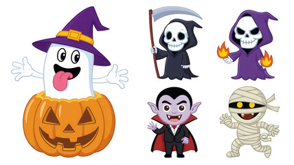 Spooky Halloween characters including a witch ghost in a pumpkin, grim reaper, vampire, and mummy, perfect for festive holiday designs and celebrations.