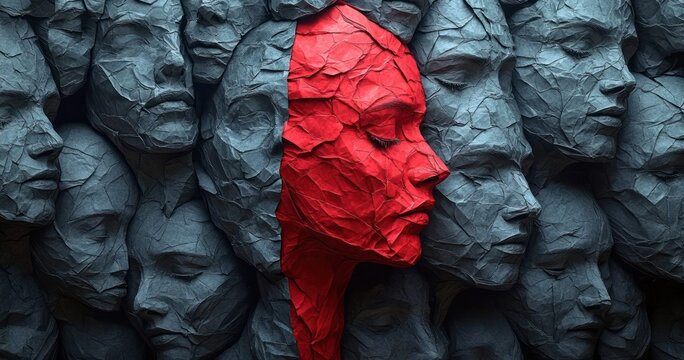 Cluster of crumpled paper faces with one bright red face standing out prominently expressing calm and individuality