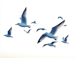 Obraz premium A flock of seagulls gracefully flying across a bright, nearly white sky, capturing motion and freedom in mid-flight