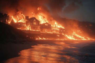 Multiple beachfront houses engulfed in intense flames with glowing fire illuminating the night sky and reflecting on ocean waves