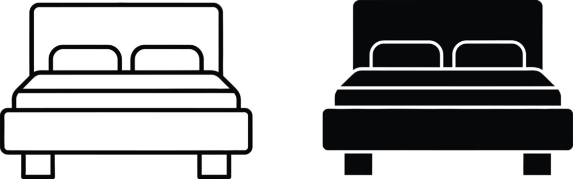 Simple line art and silhouette icons of a double bed with pillows