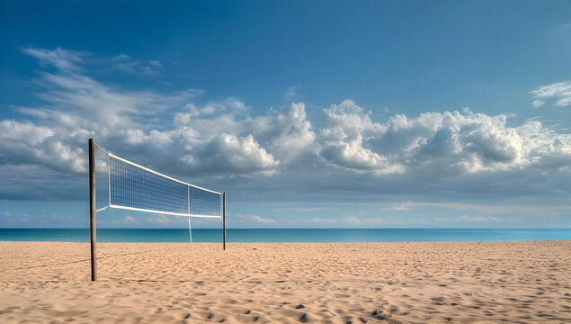 A serene beach volleyball court overlooking a calm sea under a blue sky, perfect for outdoor sports and leisure activities.