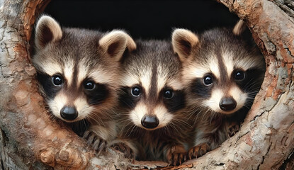 Obraz premium Three adorable raccoon siblings peeking out from a tree hollow, showcasing their playful nature and curious expressions.