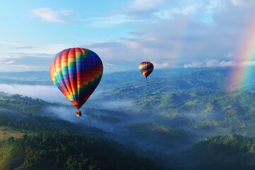 Two hot air balloons are flying over a beautiful green valley on a sunny day with a rainbow in the background