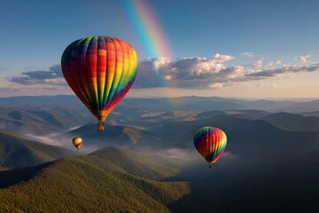 Obraz premium Hot air balloons drifting gracefully over a majestic mountain range, framed by a stunning rainbow arching across a clear sky