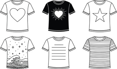 Collection of six graphic t-shirts with diverse designs for fashion and apparel concepts
