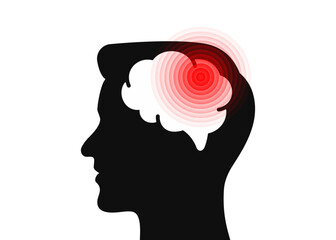 Silhouette human head with brain disease, headache, pain point, migraine. Medical concept vector illustration. Design for poster, print, background, stock illustration