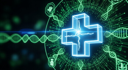 Futuristic Medical Symbol with DNA Strand and Technology Interface