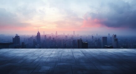 Expansive city skyline viewed from a high rooftop at sunset with dramatic clouds and soft warm sunlight illuminating tall skyscrapers