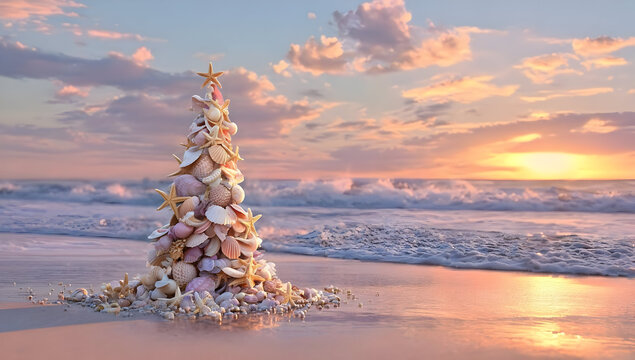 A beautiful beach scene featuring a unique shell Christmas tree at sunset, symbolizing holiday creativity by the ocean.
