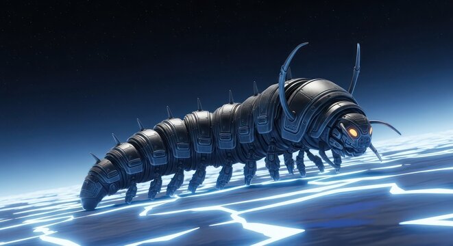 Futuristic biomechanical centipede traversing a luminous grid on an alien planet environment